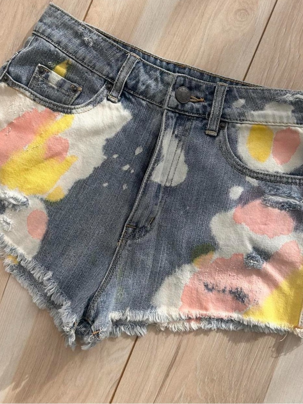BDG Washed Denim Paint-Splatter Shorts in Pink & Yellow